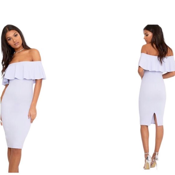 NWT- Pretty little thing Celinea Dusty Blue Bardot Frill Midi Dress - Picture 2 of 10